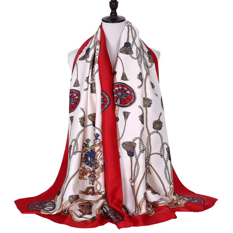 New fashion silk scarf custom red and green chain pattern printed scarves sunscreen shawl for women