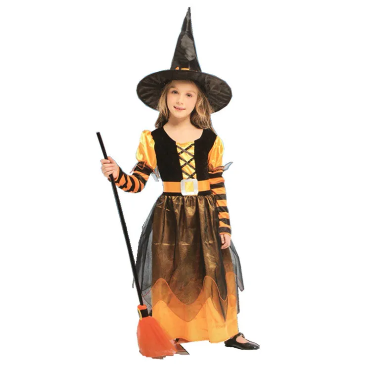 Hot sale Child Cosplay demon costume for kids Halloween Black Witch Cloak with hat