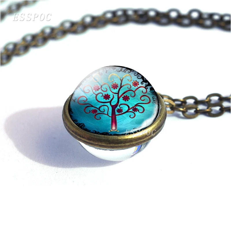 Tree Of Life Double Sided Glass Ball Necklace Fashion Pendant Jewelry Vintage Bronze Chain For Women men Accessories Gift