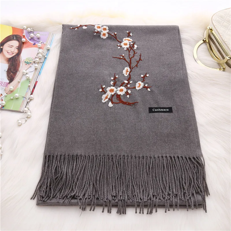 Factory Wholesale Tassel Floral Embroidered Cashmere Scarf Pashmina