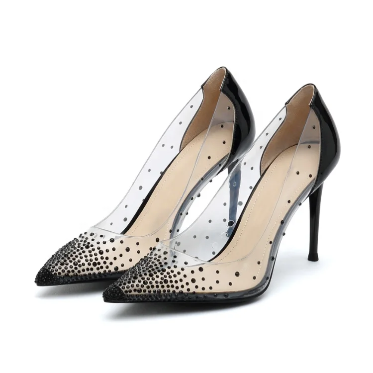 Transparent pvc sexy pointed toe women crystal diamond fashion shoes ladies stiletto high heel shoes