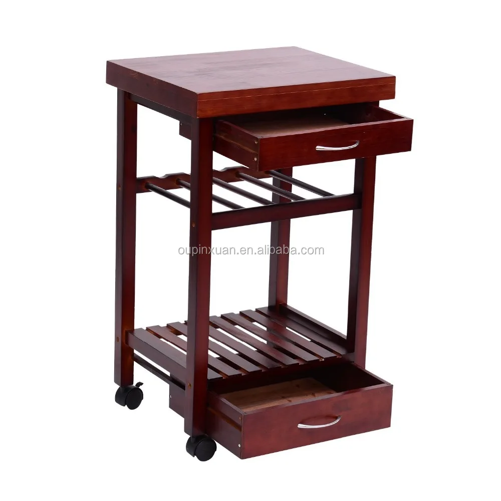 
Pine wood Kitchen Trolley with two Drawer & wine rack 