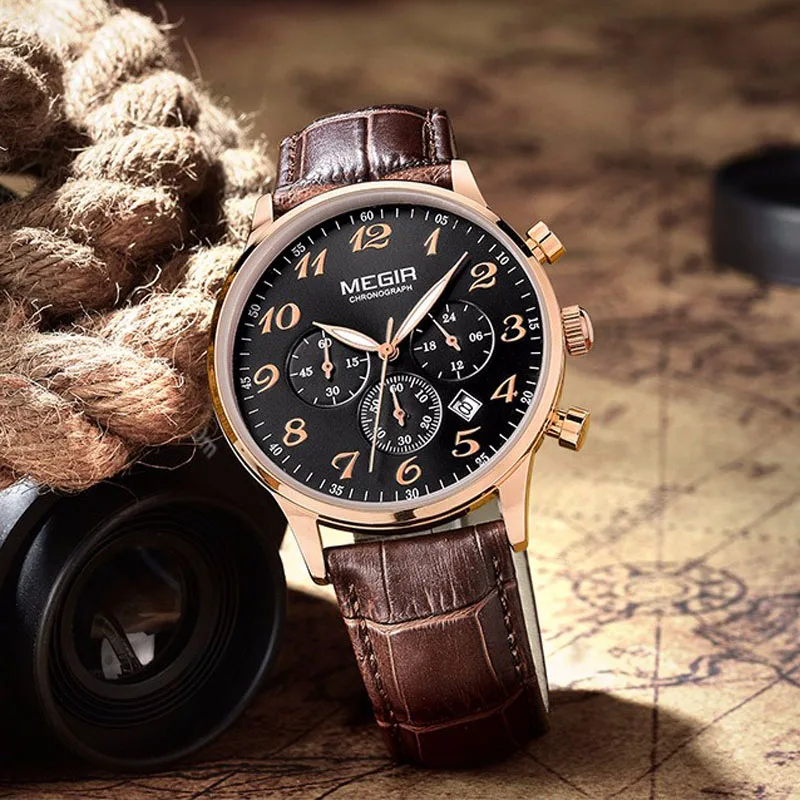 WJ-5508 genuine leather strap quartz movement fancy men Megir water resistant watches