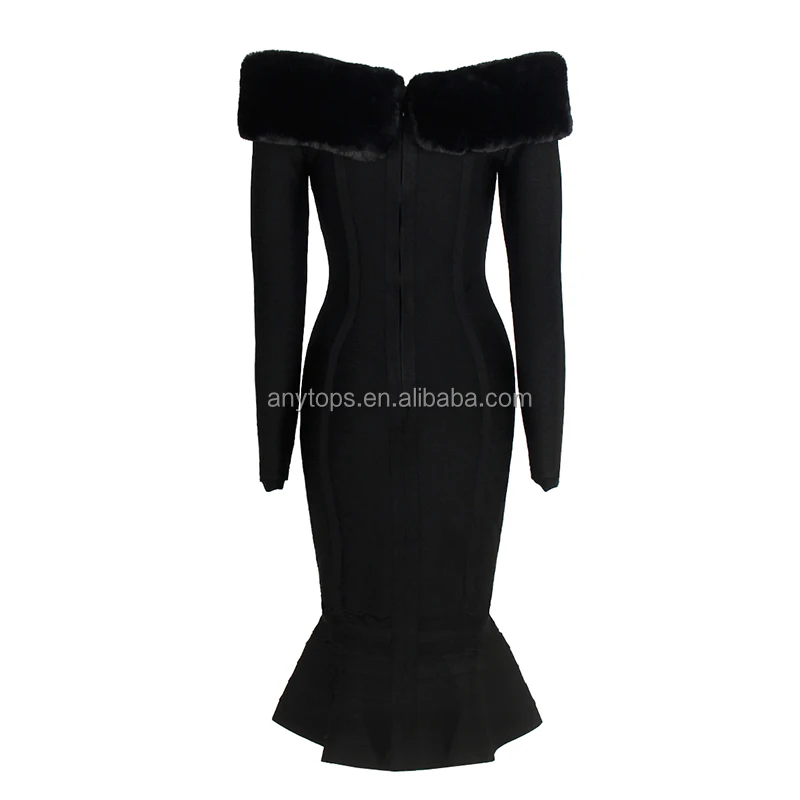 Own Design Western Women Black Long Sleeve Lady Fishtail custom made evening dress Fur Trim Dresses 2019 bandage dress