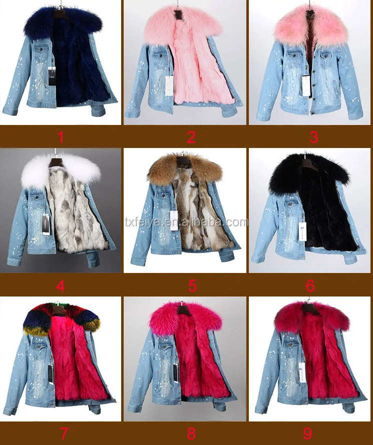 Raccoon fur collar coat and rex rabbit fur lining removable hooded denim jean jacket woman parka