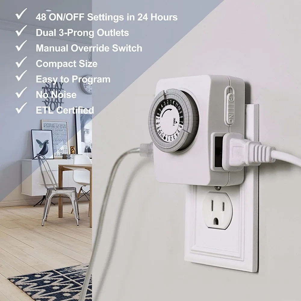 Indoor Mechanical Outlet Timer, 24 Hour Programmable Plug In Light Timer Switch for Electrical Outlets with 1 Outlet