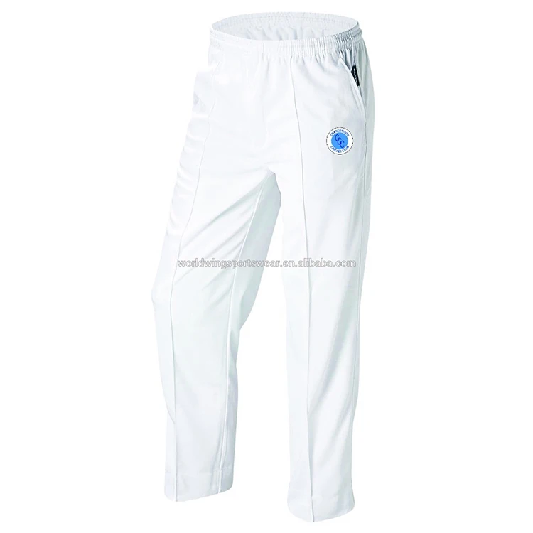 Mens plain white 100% polyester cool dry lightweight eyelet with embroidered logo on front left leg sports cricket pants