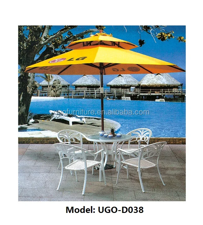 
White Wicker Bar Table & Chairs with Umbrella 