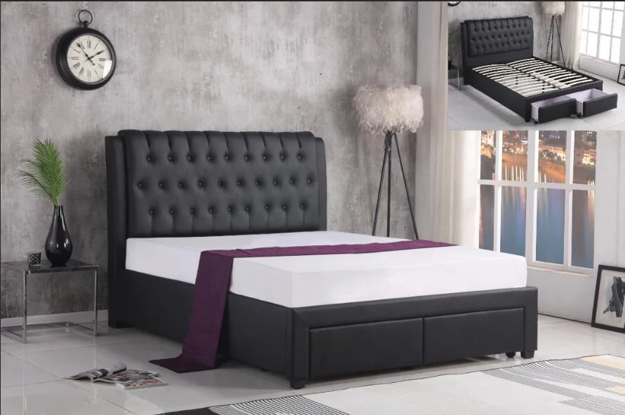 Mesmerizing Wooden Queen Bed with Tufted PU Headboard 2 Drawers