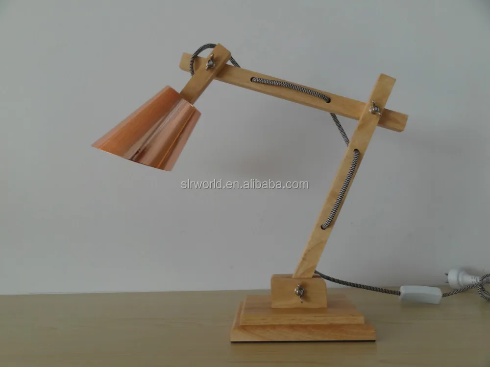 Wooden swing arm table lamp with copper color shade