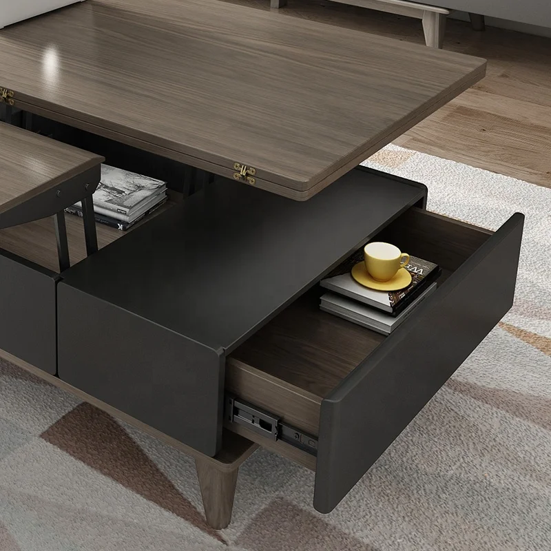 American Style Modern Extendable Storage Wooden Lifting Adjustable Height Black Coffee Table Furniture