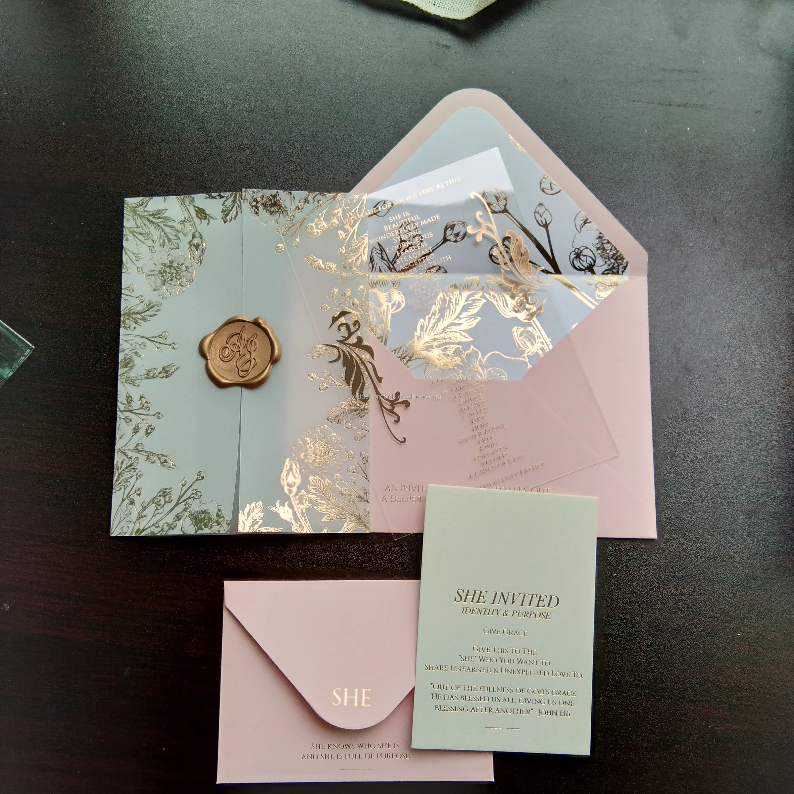 Personalized  Vellum Gold Floral Wedding Invitations with Acrylic Invitation Card