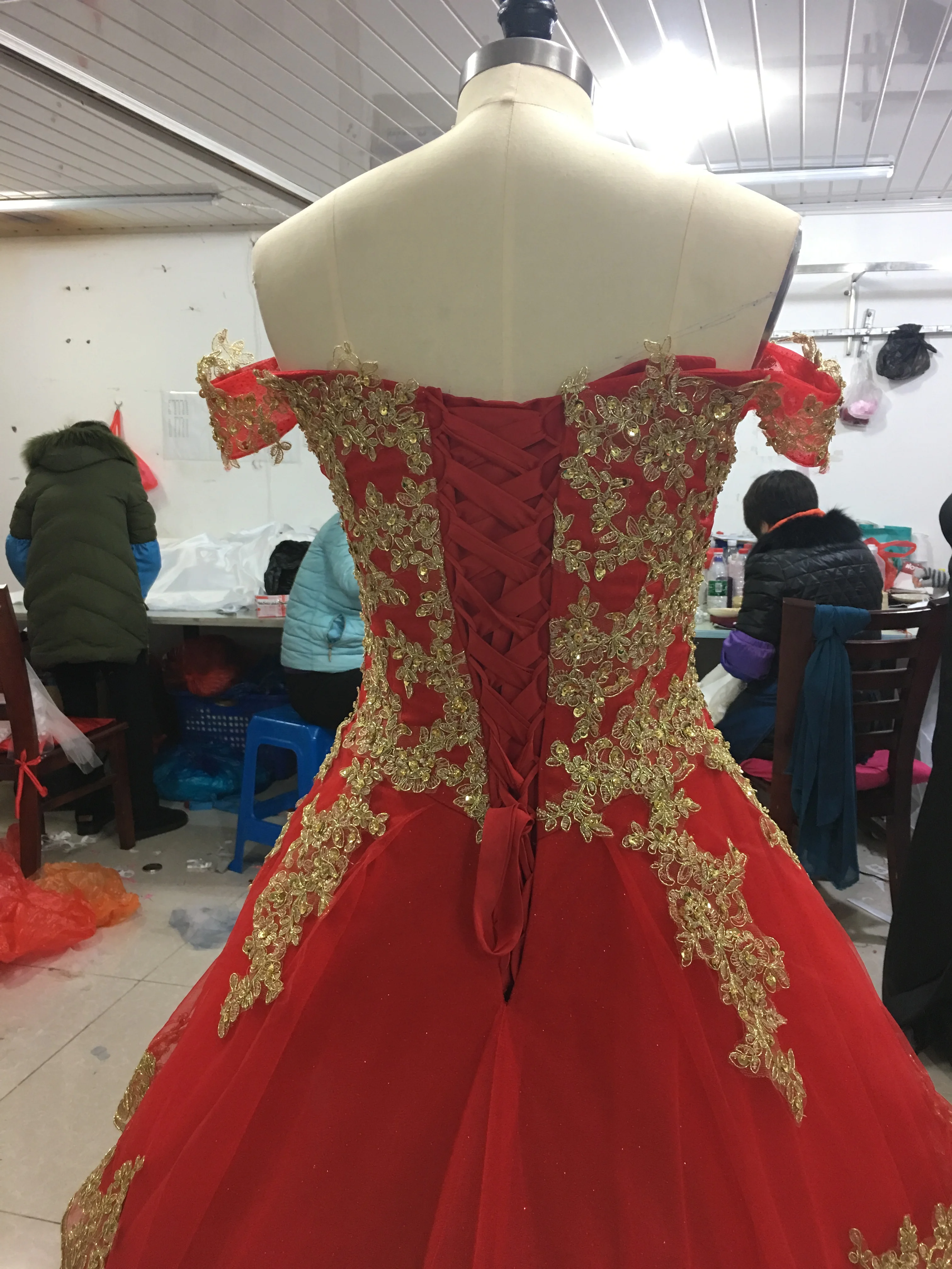 Tailored China Inspired Plus Size Accent Color Embroidered And Beaded Tulle Overlay Red Gold Wedding Dress