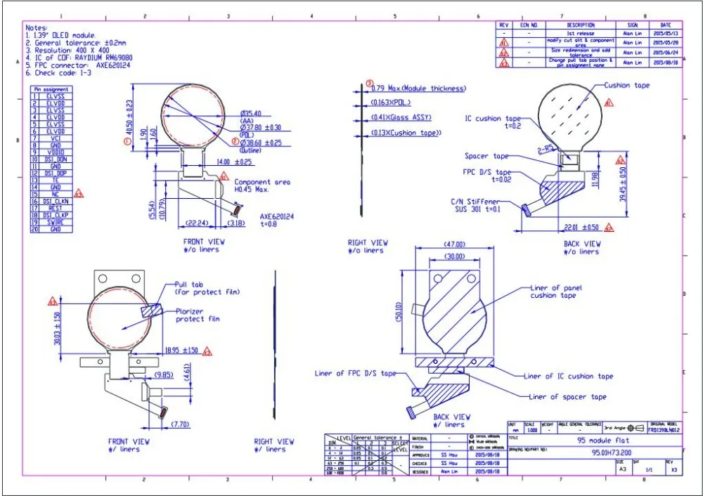 1.39 inch AMOLED 400*400 round lcd screen with MIPI DSI interface module 1.39 round auo amoled 1.39' round oled display