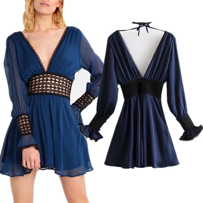OEM ODM Clothing Woman Sexy See Through Navy Long Sleeve Deep V Neck BOHO Beach Dress