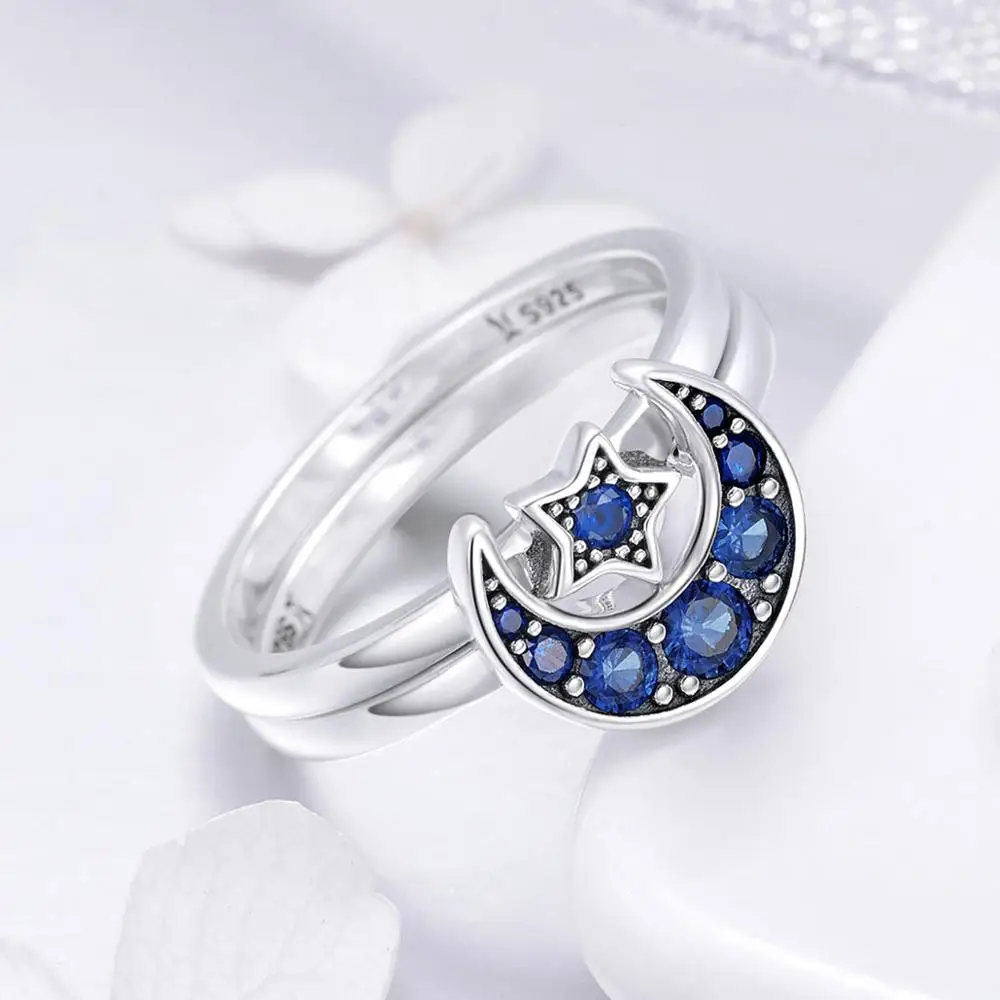 BAGREER SCR412 S925 Women personalized two finger Ring Set Fashion Moon Star Zircon Ring Gemstone Jewelry ring girls