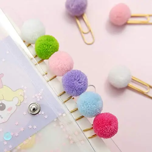 Pom Pom Paper Clips, Handmade Pompoms Planner Clips Bookmark Page Marker Decorative Paperclip for Notebook Journal Decor