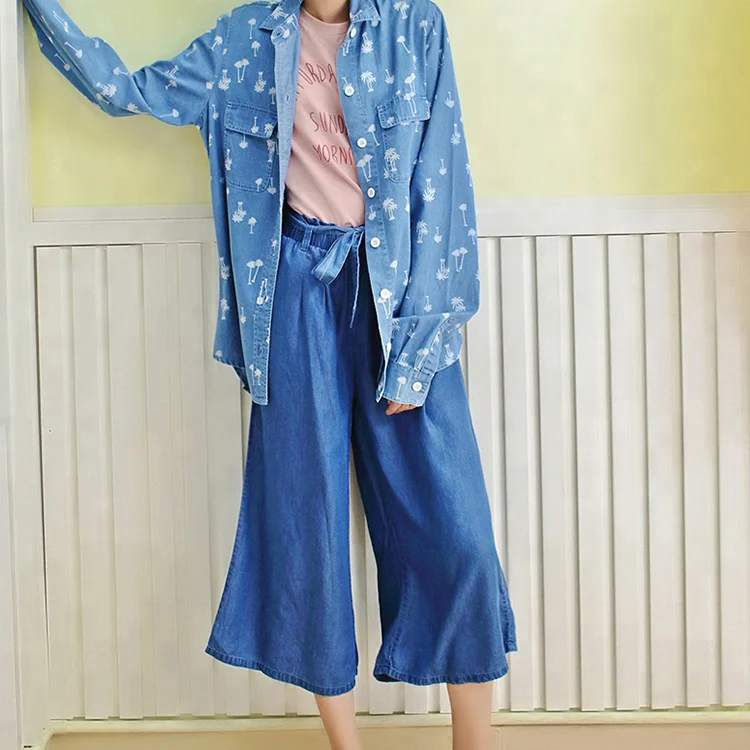 
Young ladies 100% cotton chambray casual long sleeves shirt , loose fit blouses 