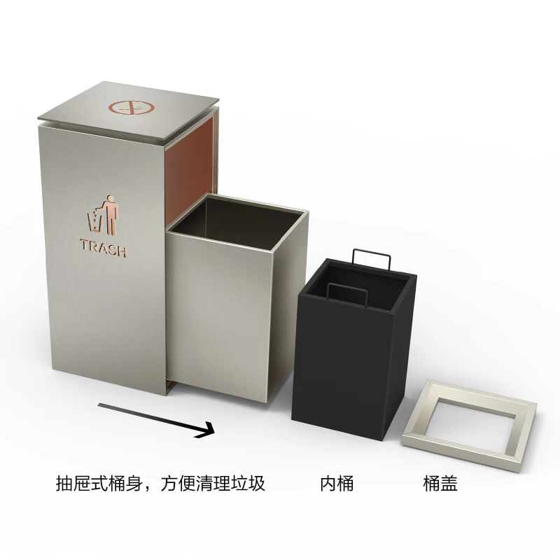Rose Gold Stainless Steel Waste Basket Trash shopping mall office Rubish Garbish Can Bin