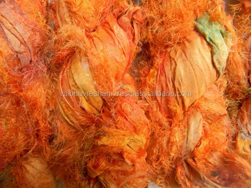 Recycled Sari Silk Tangerine Orange Fuzzy Ribbon For Knitting & Craft Work