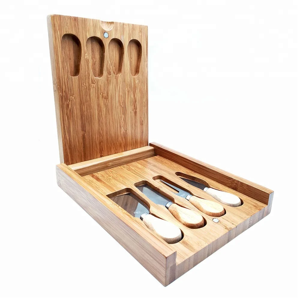 
natural bamboo cheese cutting storage box with 4pieces knife set 