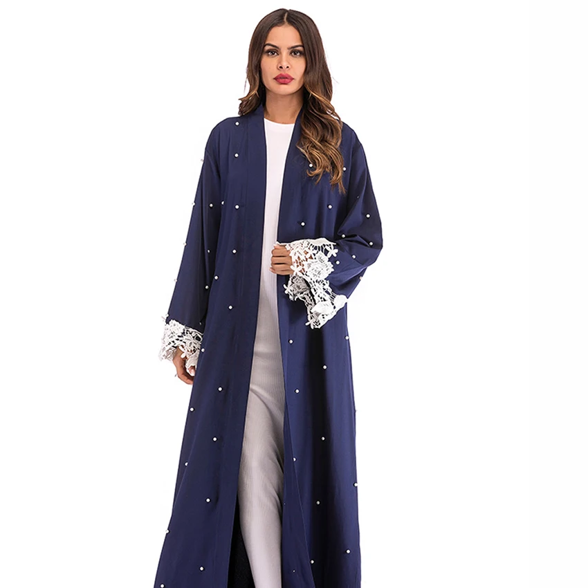 Beading Pearl Lace Kimono Cardigan Muslim Hijab Dress Turkish Islamic Clothing Plus Size Robe Malaysia Abaya Dubai Kaftan Women