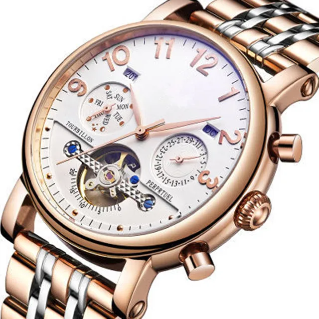 Новые автоматические механические мужские часы из нержавеющей стали 316 качественные с турбийоном двухцветные водонепроницаемые наручные 3atm
