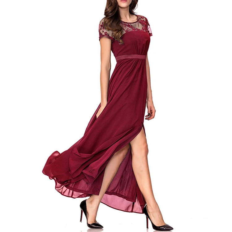 Clothing Manufacturer Ladies Floral Sheer Mesh Elegant Split Side Formal Party Dress