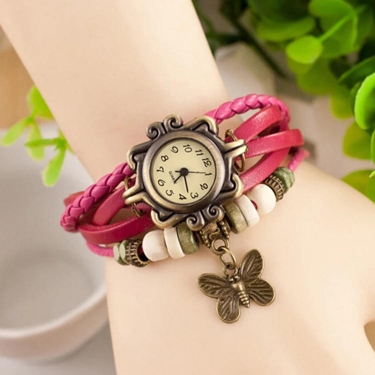 
Western style hand woven butterfly leather cord fancy woman watch bracelet 