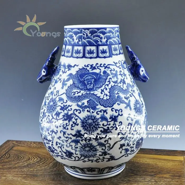 Chinese Blue White Decorative floral dragon vase with double deer handle