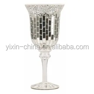 Silvery Mosaic Crackle Mirrored Glass Goblet Candle Holder
