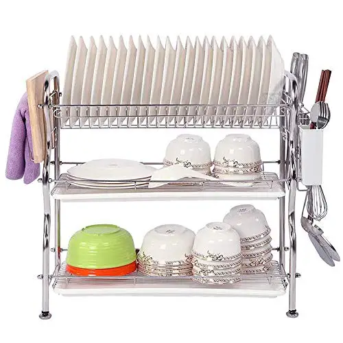 Hot selling kitchen cabinet organizer 3 tiers stainless steel roll up dish drying rack