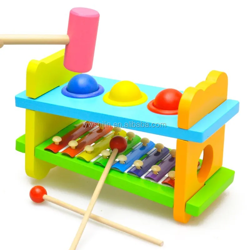 wooden educational toys beat table with musical instrument and Knock balls two in one