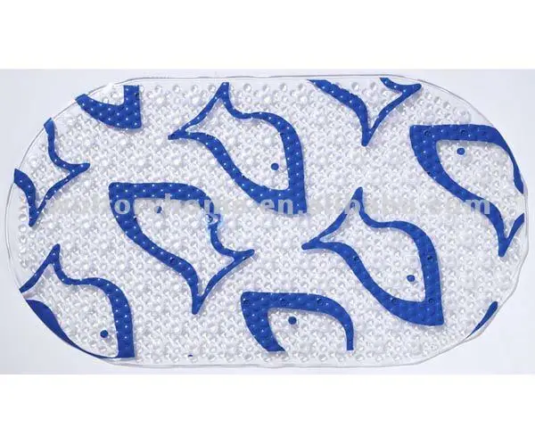 oval-shaped suction cup PVC bath rugs, blue fish design bathroom shower rug