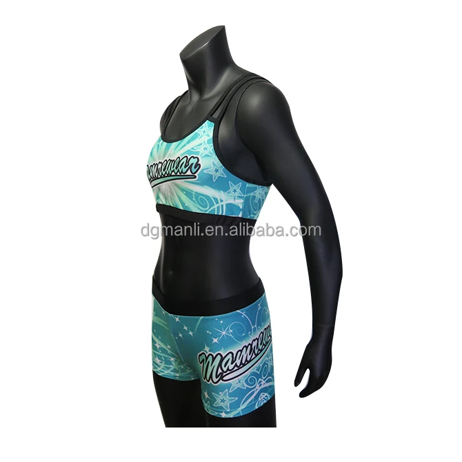 Mamrewear teal cheer uniforms,sublimation cheer short and cheer padded sports bra with hole in back
