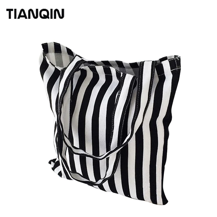 Designer Custom Cheap Handle Canvas Shopping Bag Heavy Duty Cotton Tote Bag Black and White