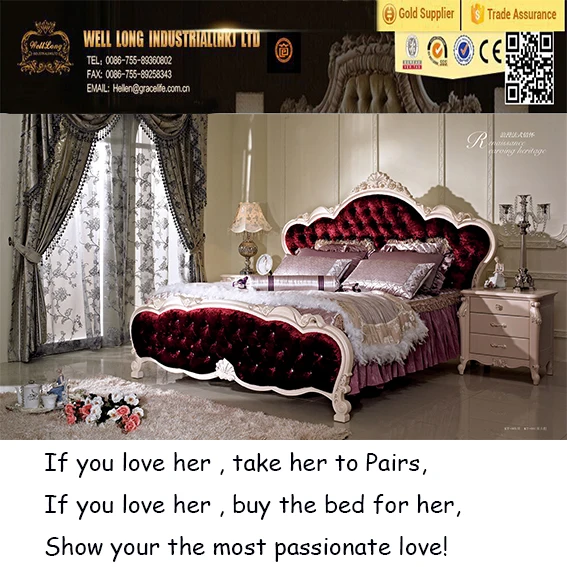 French style furniture romantic fabric wedding  bed with diamond buttons