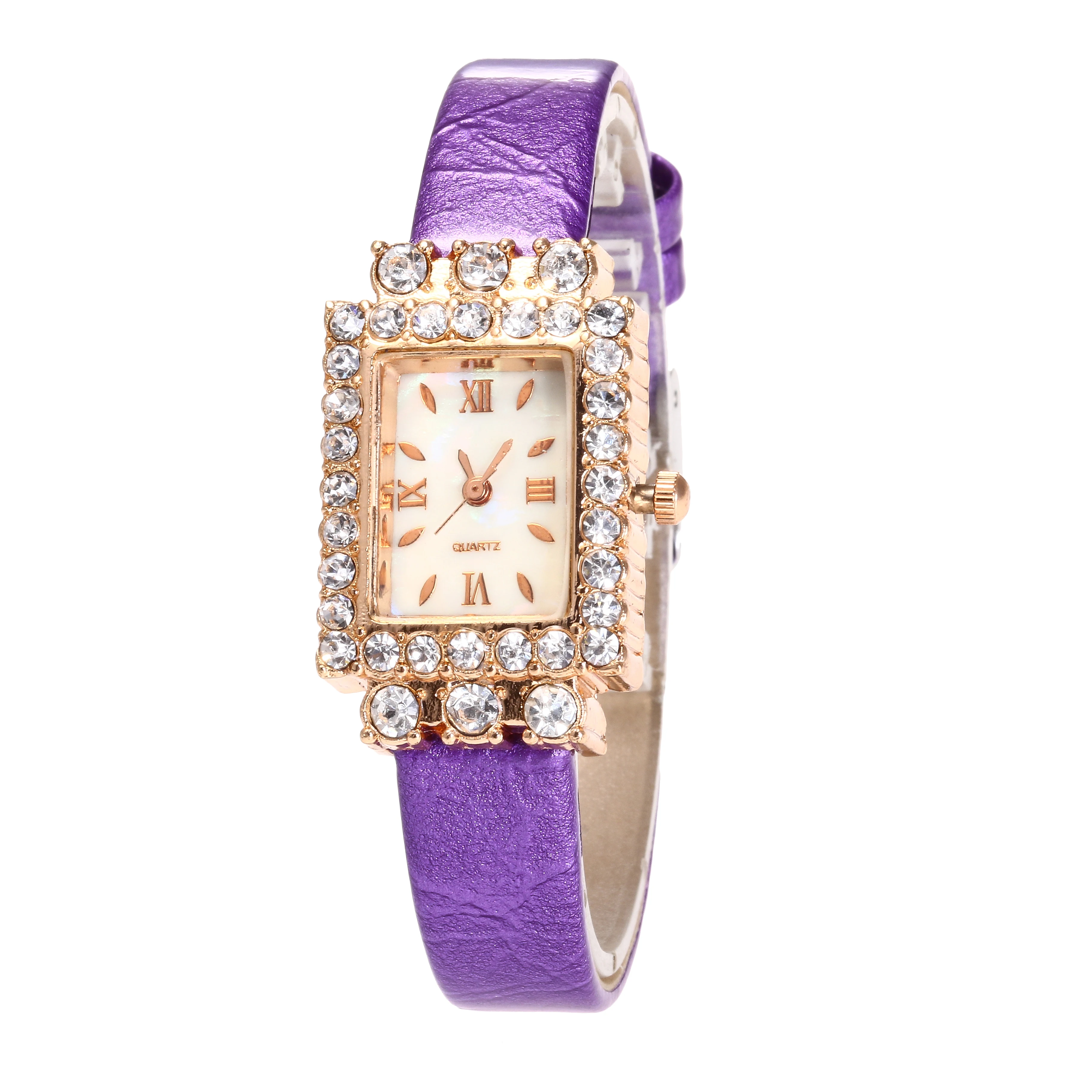 Low Prices Women Leather Strap Square Dial Diamond Quartz Wrist Slim Stone Lady Watch JSW-0967
