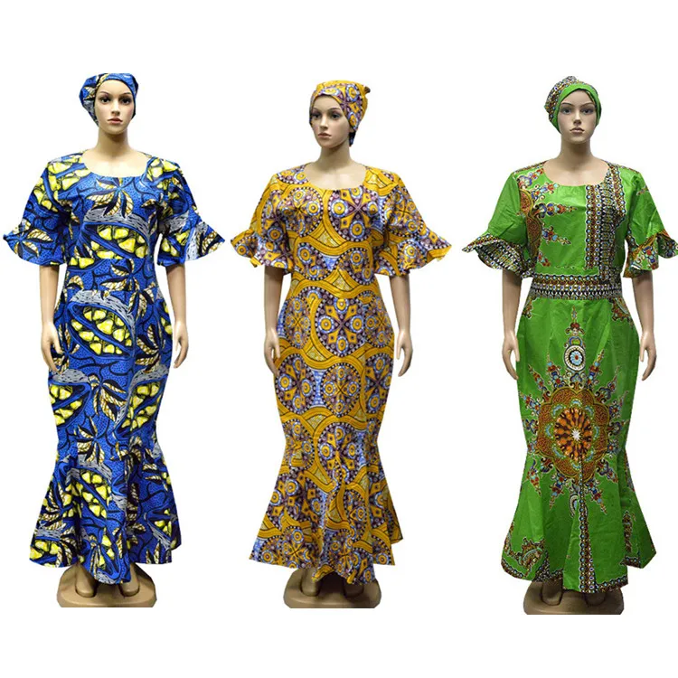 Queency Quality Designs Custom Dress With Headscarf African Traditional Clothing Ankara Print Wax Maxi dress