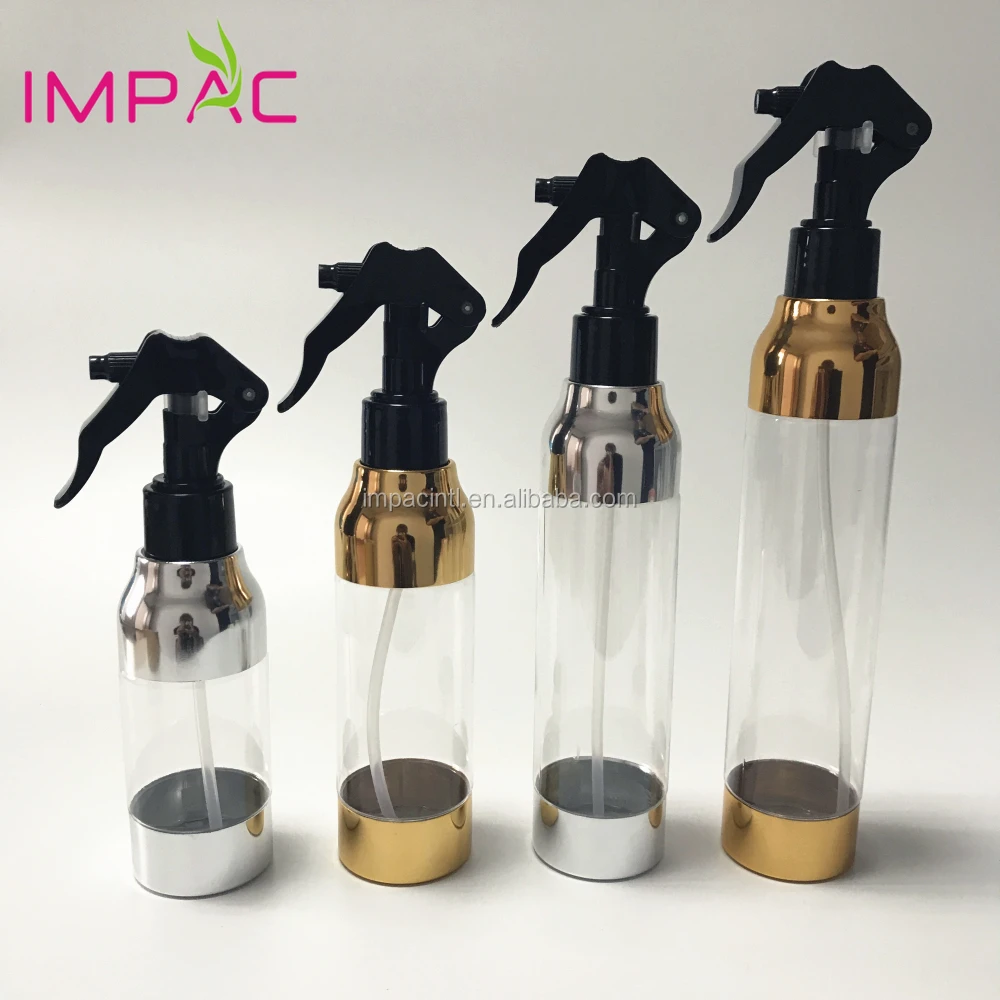 Luxury golden shoulder PET plastic 150ml hair spray bottle with trigger