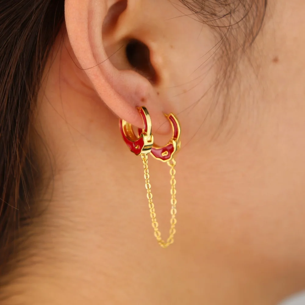 promotion blue red black white enamel hand cuff 2 hole tassel chain earring for women fashion jewelry