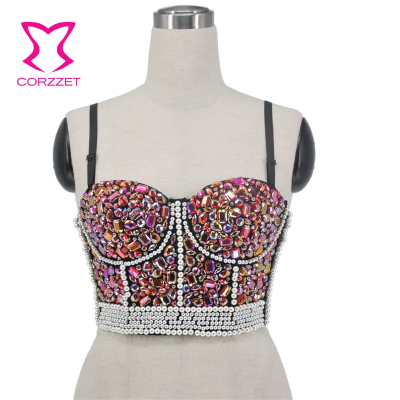 Corzzet Pink Lovely Corset Bra With Beading & Rhinestone Nightclub Party Bustier Women Performance Wear Crop Tops For Bigger Cup