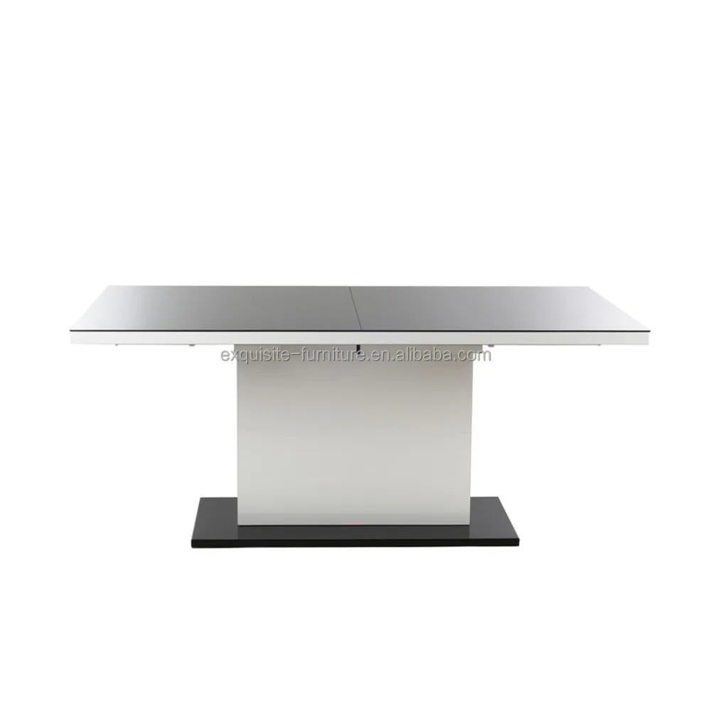New design high gloss dinner table MDF wood panel 5mm black painted glass top metal base dinning table for sale