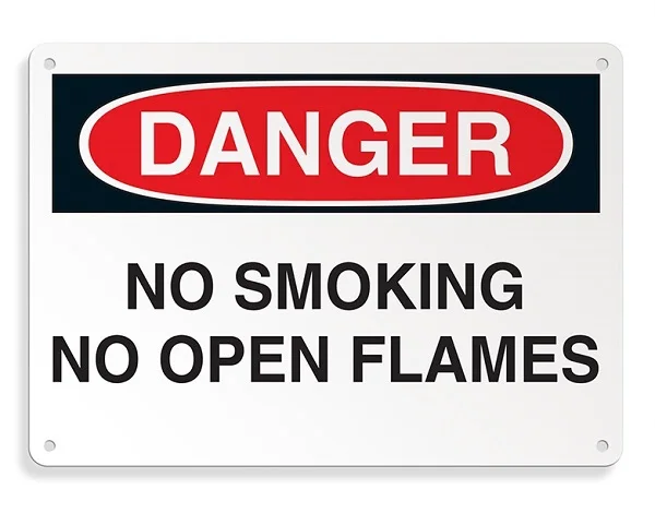 No smoking no open flames Danger metal signs mounted on wall black and red painted 4 holes on corner