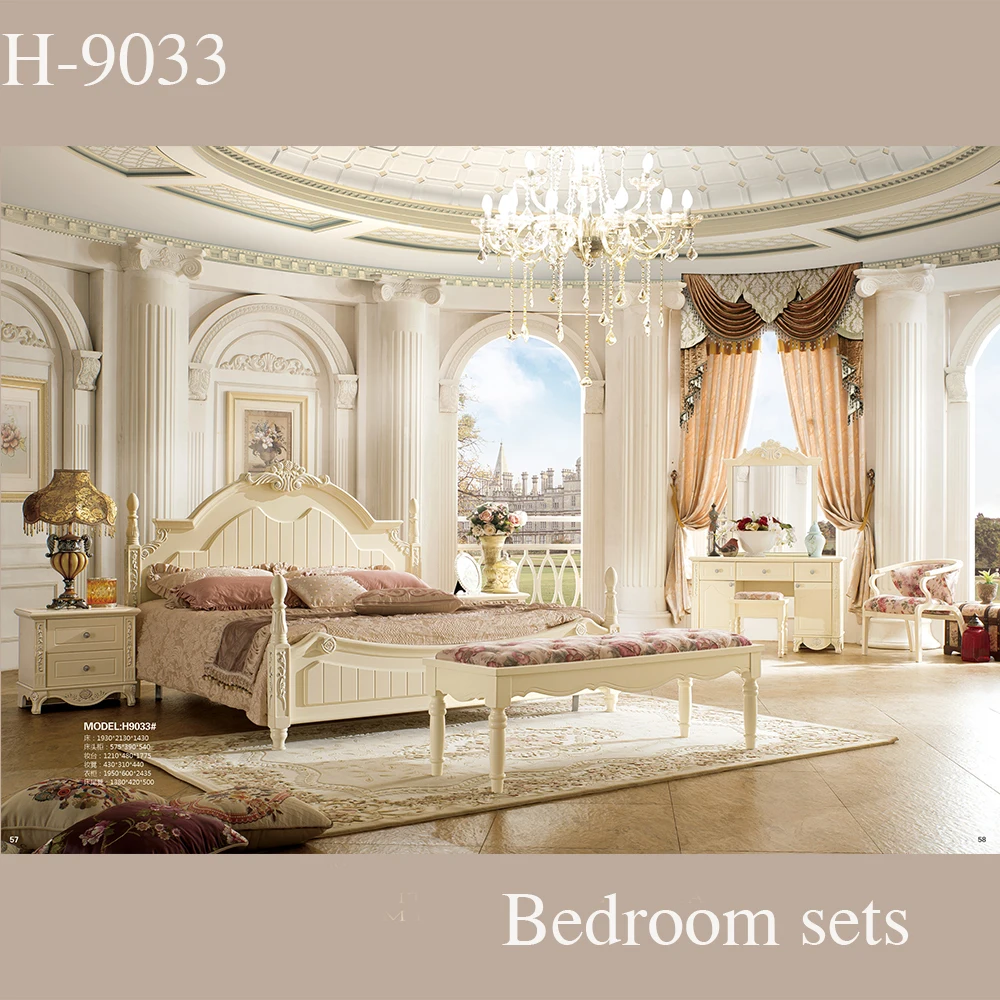 Healthy painting Royal Style Hand carving King Size Hotel Bedroom Furniture ,bed with pillars