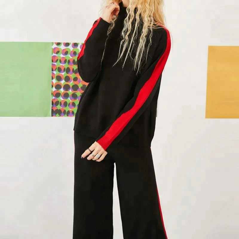 P19B70HX женский зимний кашемировый спортивный модный контрастный костюм с воротником-черепахой и брюками