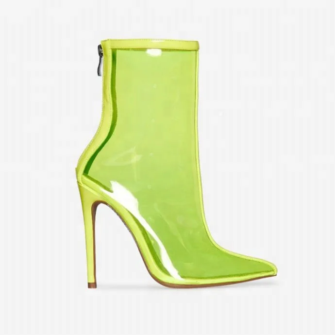 On sale bottom price transparent PVC classy sexy Ladies Fashion shoes pointed toe stiletto high heel ankle boots