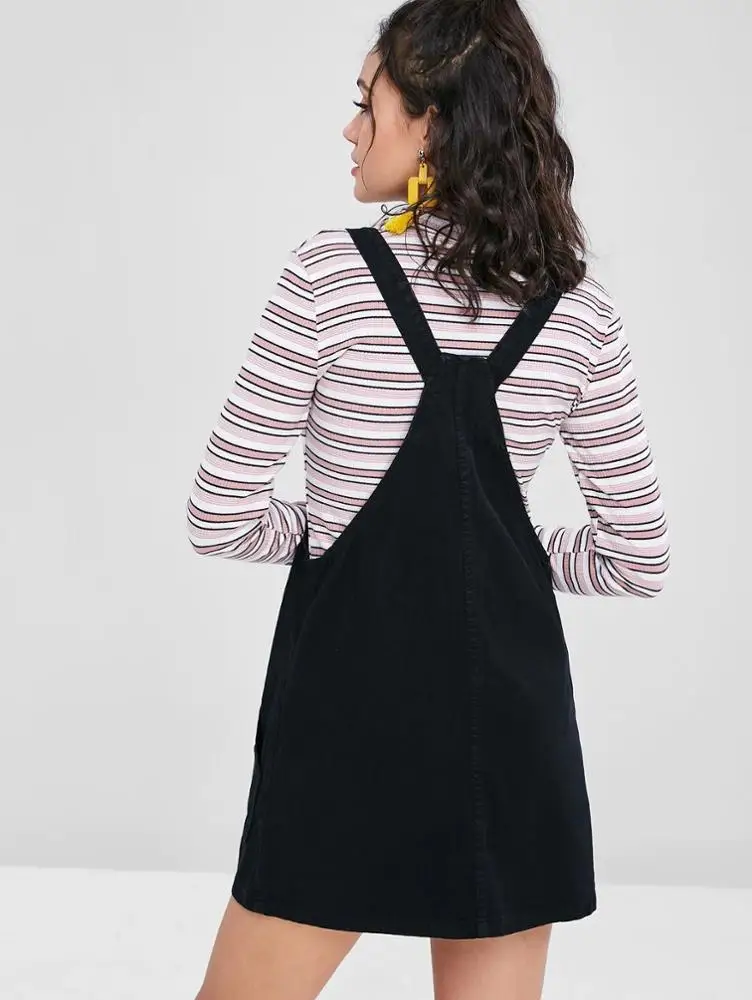 2019 Fashion pockets pinafore dungaree black denim sleeveless dress women