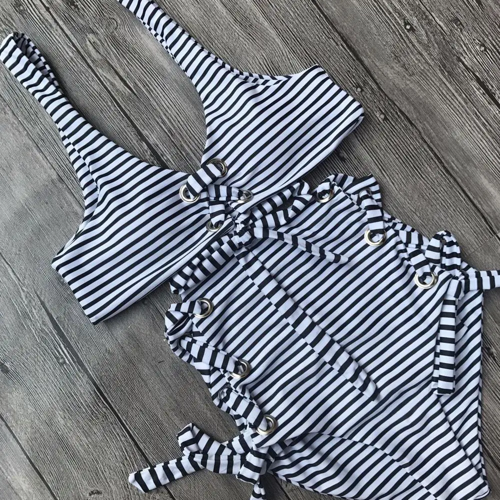 Striped Strappy High Waist Two Piece Women Bikini Swimsuit
