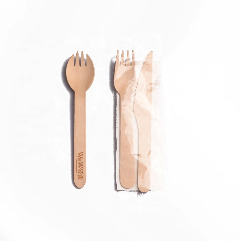 Individual Plastic Bag Packing Wooden Spork Fork Knife Set
